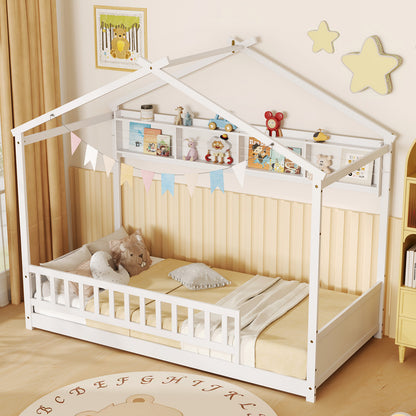 Twin Size House-Shaped Bed Frame with Storage Shelf and Headboard – White