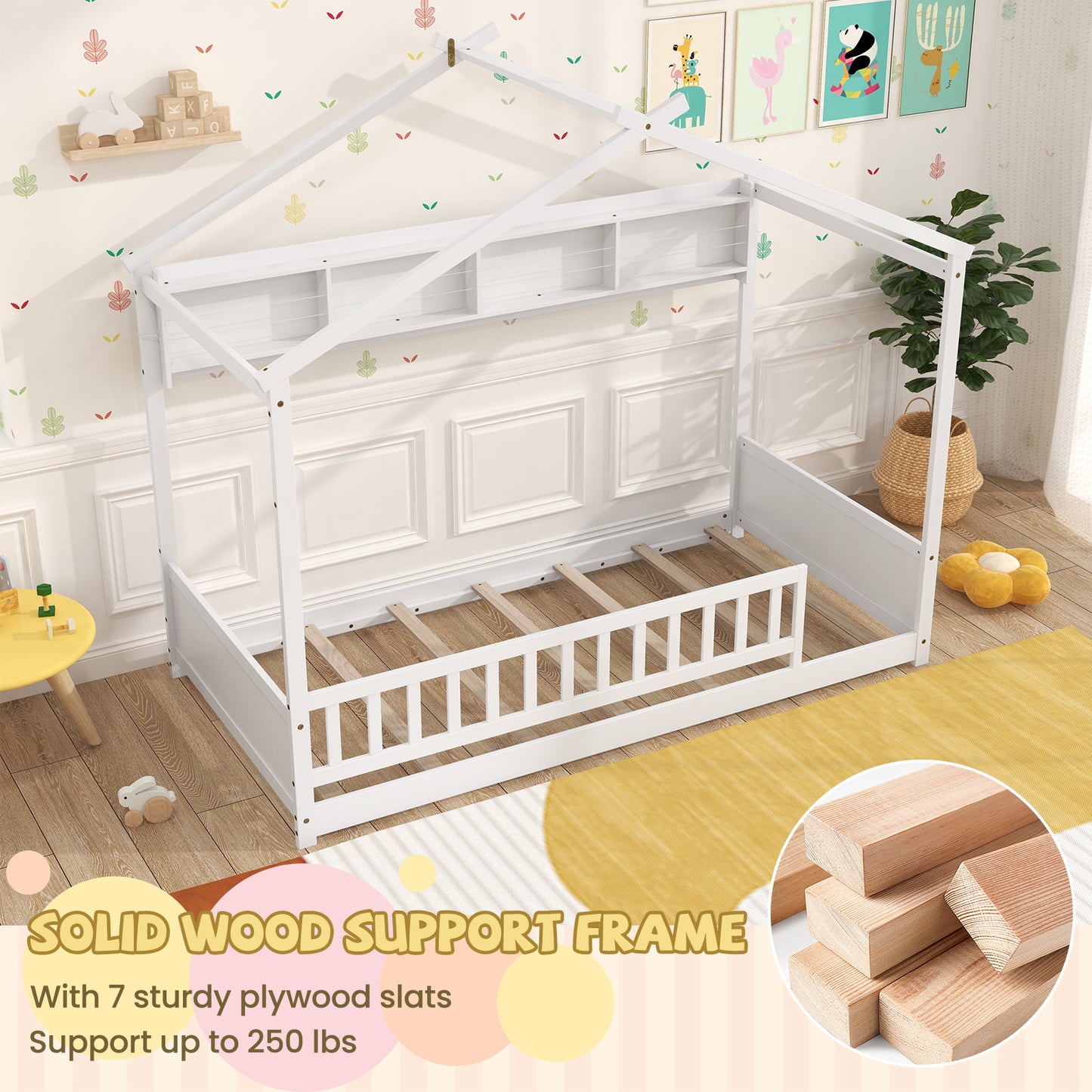 Twin Size House-Shaped Bed Frame with Storage Shelf and Headboard – White