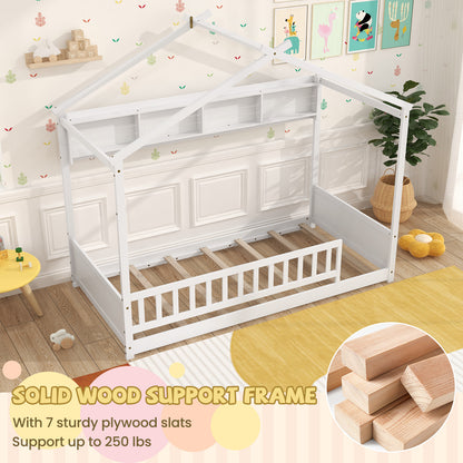 Twin Size House-Shaped Bed Frame with Storage Shelf and Headboard – White