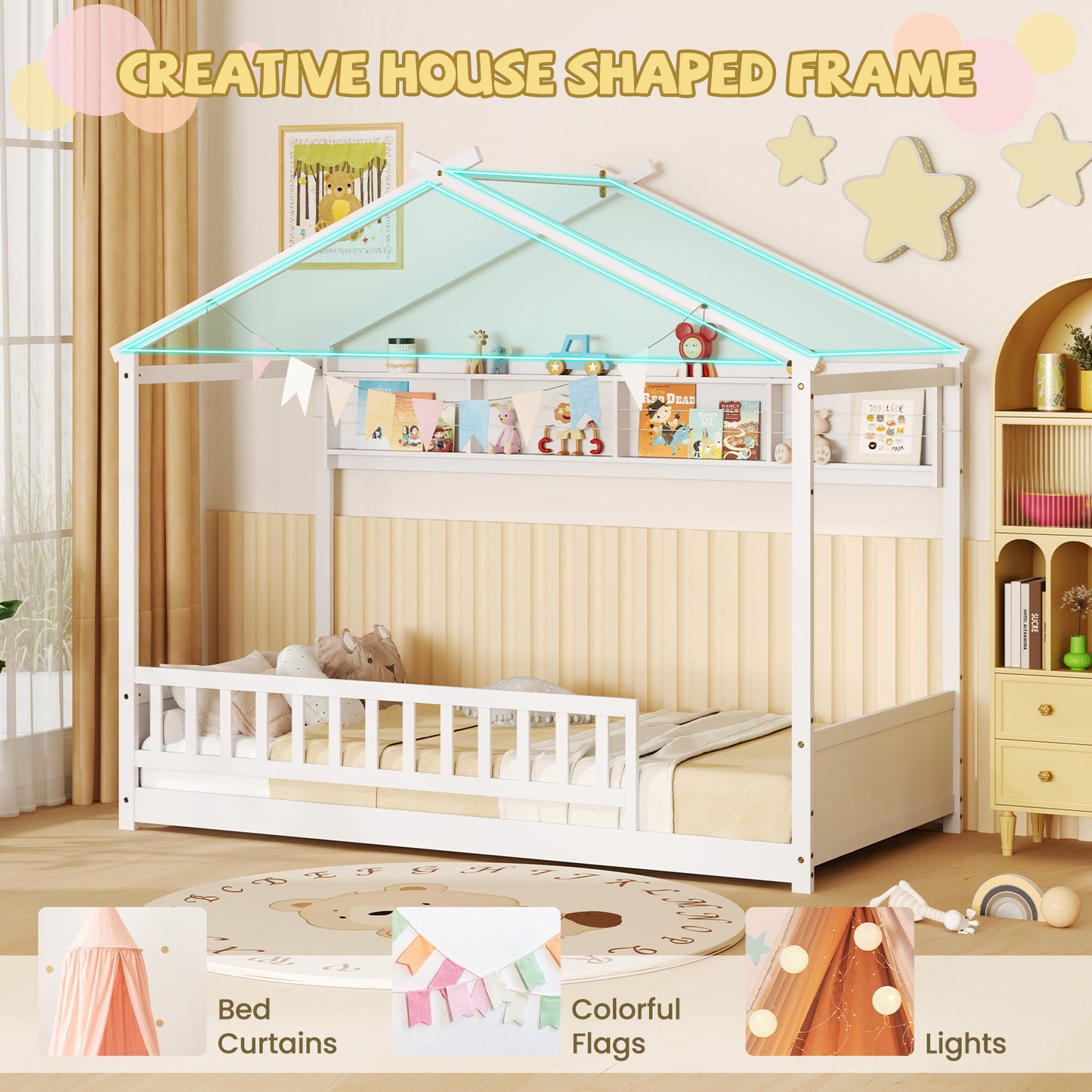 Twin Size House-Shaped Bed Frame with Storage Shelf and Headboard – White