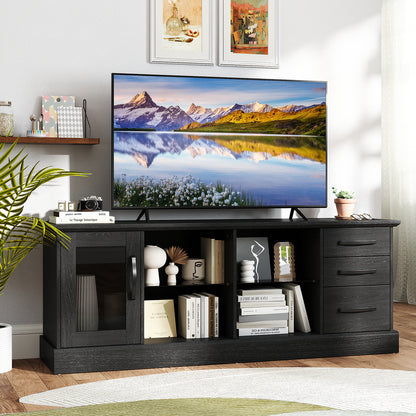 Media Console Table 63 Inch with 3 Drawers 2 Glass Shelves Supports TVs up to 73 Inches - Black