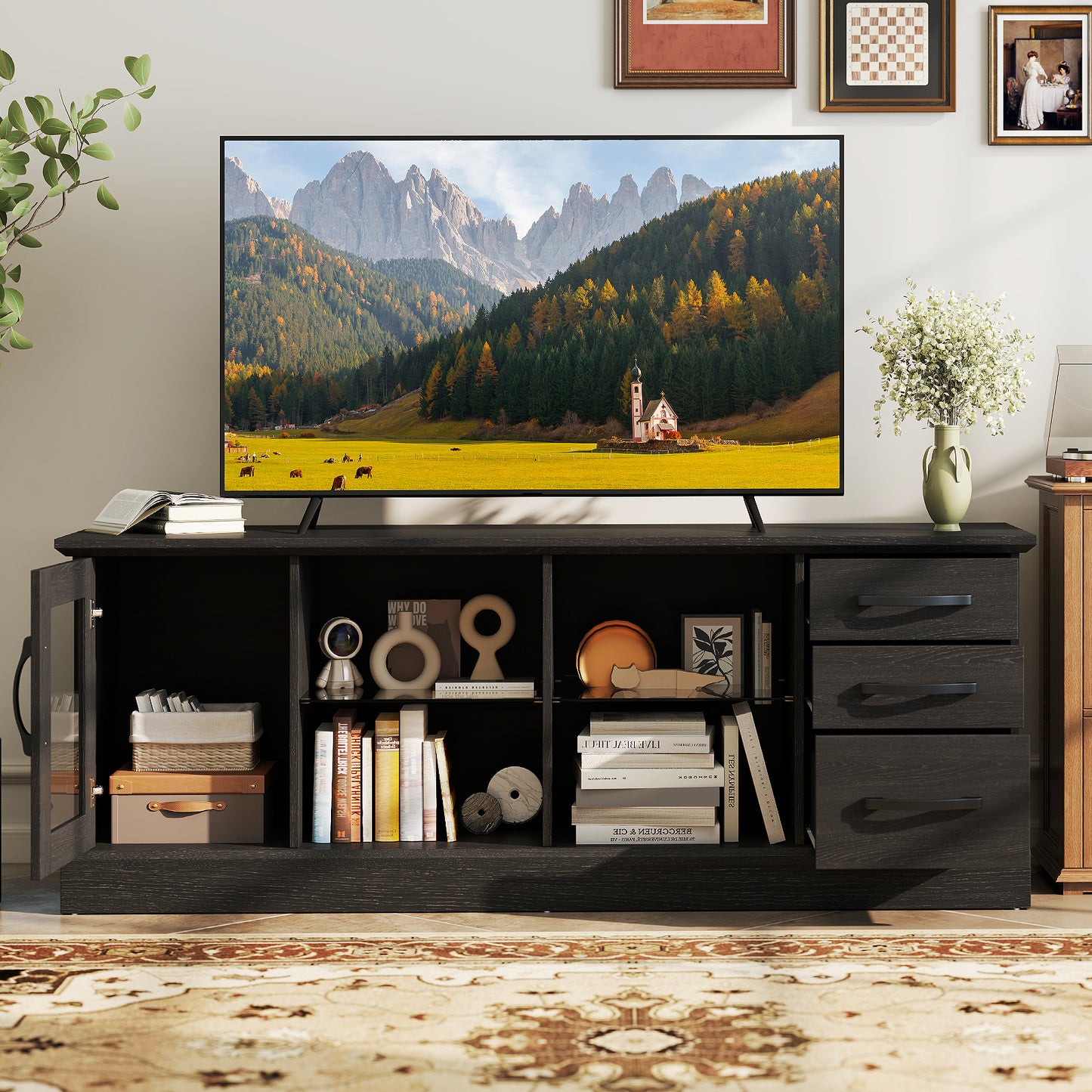 Media Console Table 63 Inch with 3 Drawers 2 Glass Shelves Supports TVs up to 73 Inches - Black