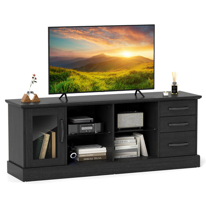 Media Console Table 63 Inch with 3 Drawers 2 Glass Shelves Supports TVs up to 73 Inches - Black