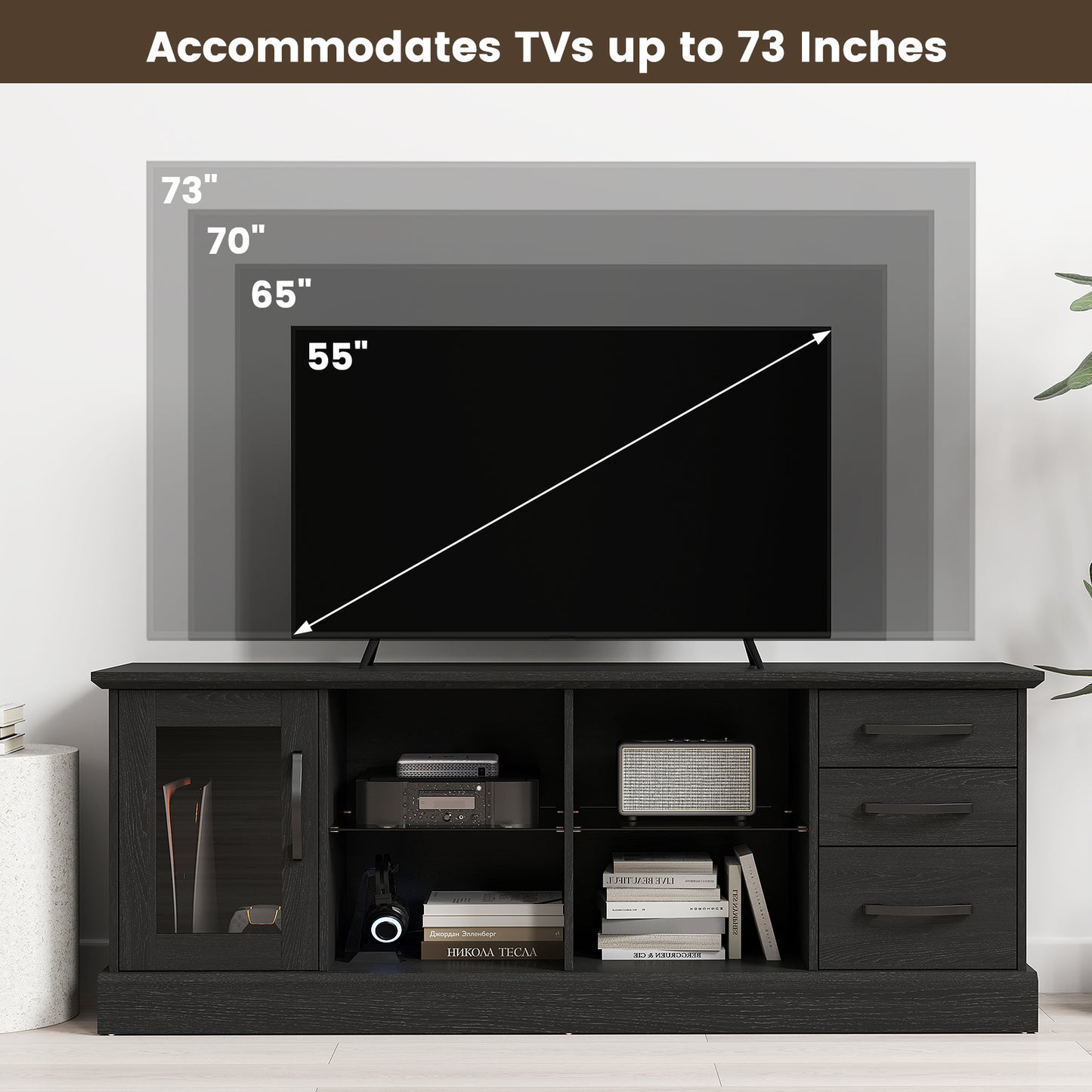 Media Console Table 63 Inch with 3 Drawers 2 Glass Shelves Supports TVs up to 73 Inches - Black