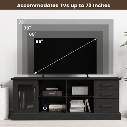 Media Console Table 63 Inch with 3 Drawers 2 Glass Shelves Supports TVs up to 73 Inches - Black