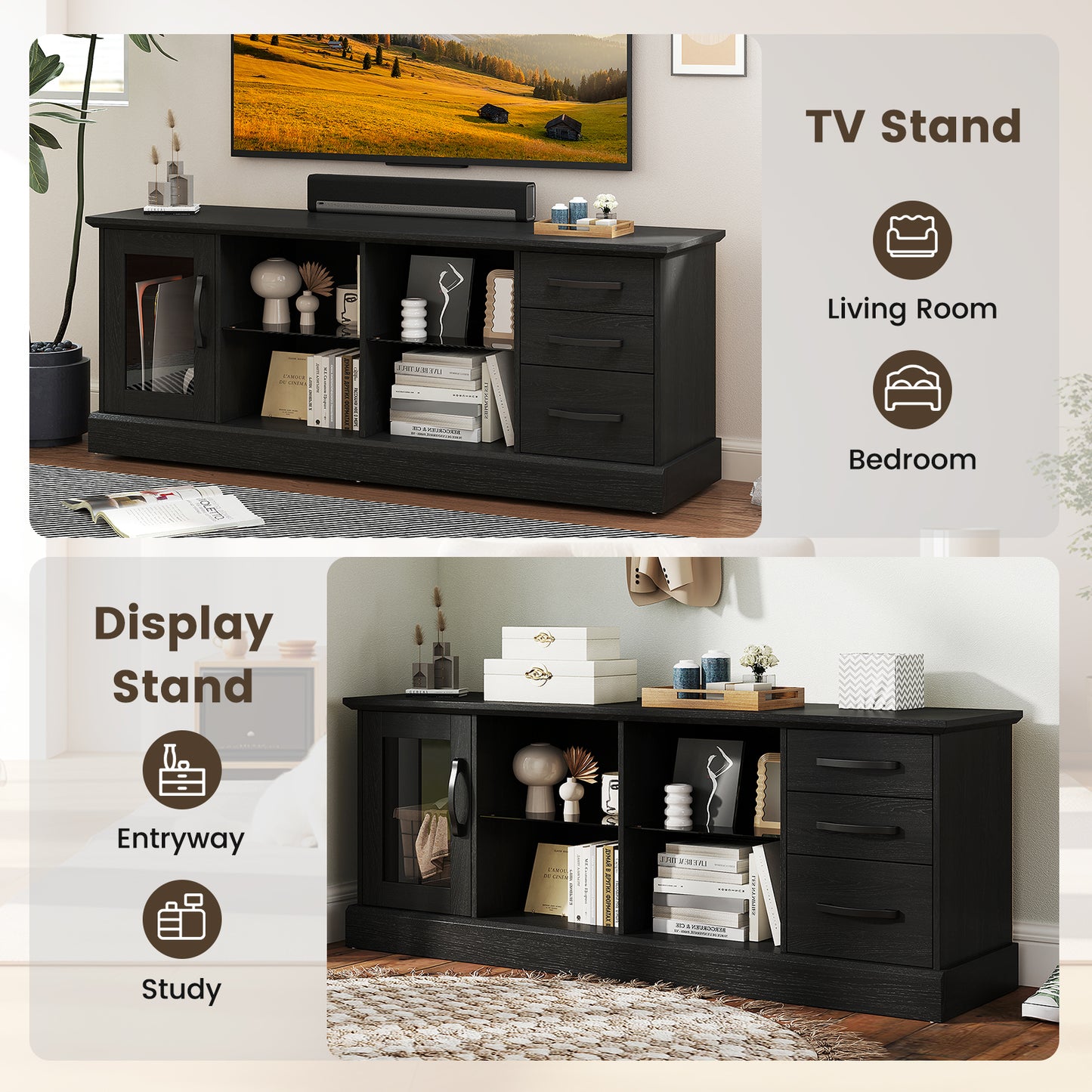 Media Console Table 63 Inch with 3 Drawers 2 Glass Shelves Supports TVs up to 73 Inches - Black