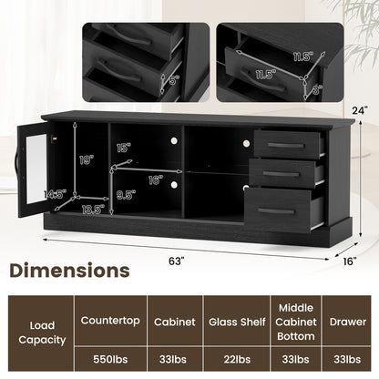 Media Console Table 63 Inch with 3 Drawers 2 Glass Shelves Supports TVs up to 73 Inches - Black