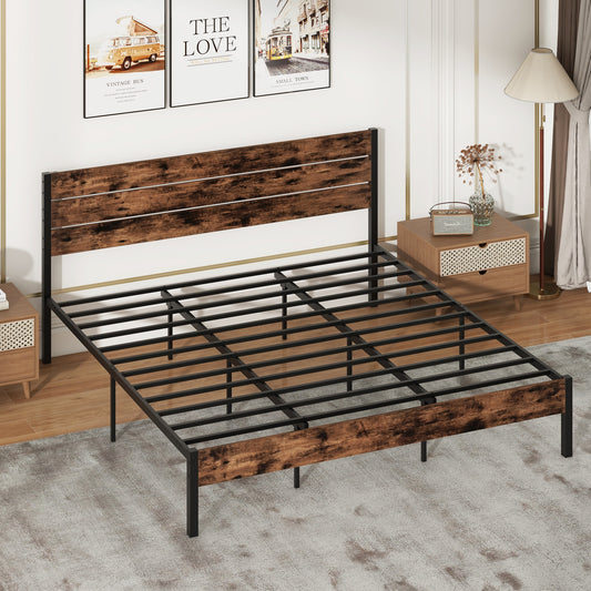 Rustic Brown Metal Platform Bed Frame with Slatted Headboard and Mute Bar – King Size