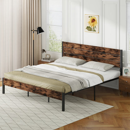 Rustic Brown Metal Platform Bed Frame with Slatted Headboard and Mute Bar – King Size