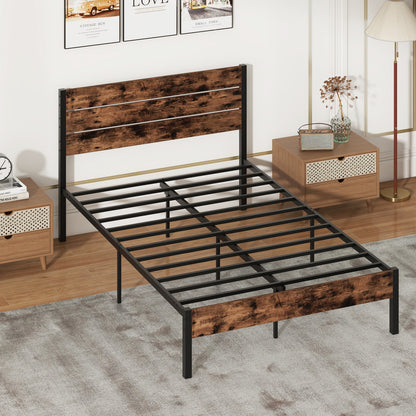 Rustic Brown Metal Platform Bed Frame with Slatted Headboard and Mute Bar – Full Size