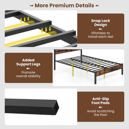 Rustic Brown Metal Platform Bed Frame with Slatted Headboard and Mute Bar – Full Size