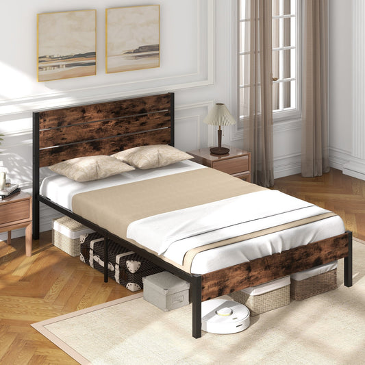 Rustic Brown Metal Platform Bed Frame with Slatted Headboard and Mute Bar – Full Size