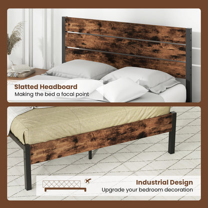 Rustic Brown Metal Platform Bed Frame with Slatted Headboard and Mute Bar – Full Size