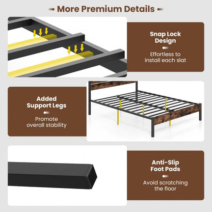 Rustic Brown Metal Platform Bed Frame with Slatted Headboard and Mute Bar – Queen Size