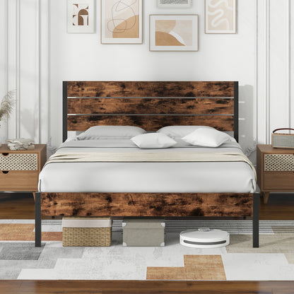 Rustic Brown Metal Platform Bed Frame with Slatted Headboard and Mute Bar – Queen Size