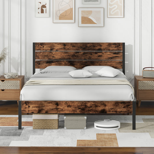 Rustic Brown Metal Platform Bed Frame with Slatted Headboard and Mute Bar – Queen Size