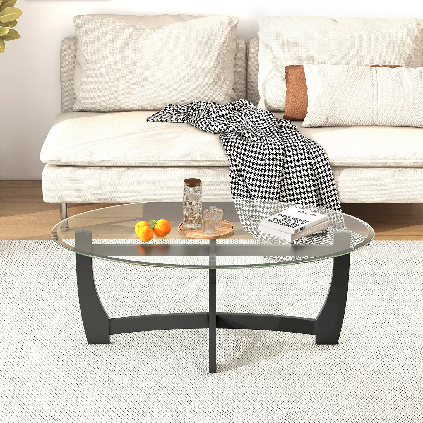Elegant Oval Coffee Table with Tempered Glass Top and Durable Rubber Wood Legs
