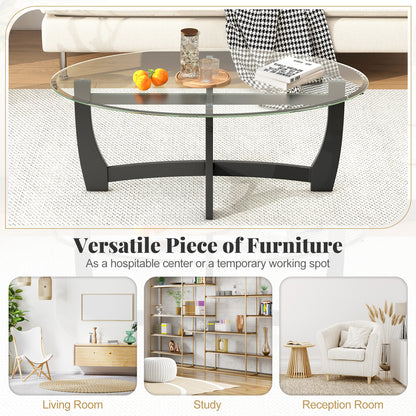 Elegant Oval Coffee Table with Tempered Glass Top and Durable Rubber Wood Legs