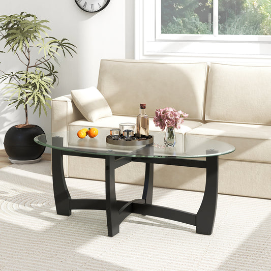 Elegant Oval Coffee Table with Tempered Glass Top and Durable Rubber Wood Legs