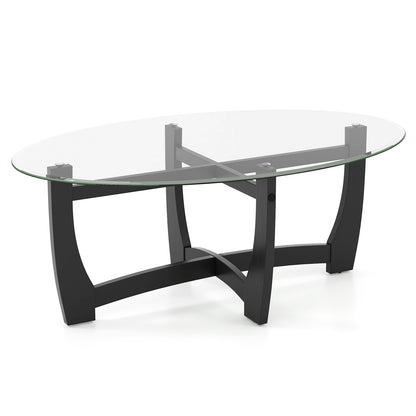 Elegant Oval Coffee Table with Tempered Glass Top and Durable Rubber Wood Legs