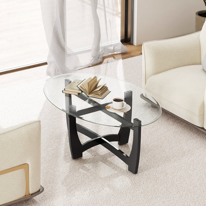 Elegant Oval Coffee Table with Tempered Glass Top and Durable Rubber Wood Legs