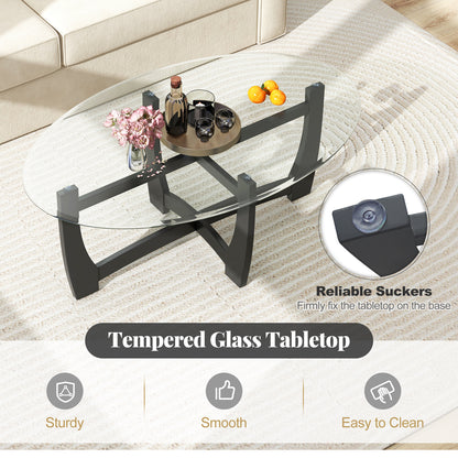 Elegant Oval Coffee Table with Tempered Glass Top and Durable Rubber Wood Legs