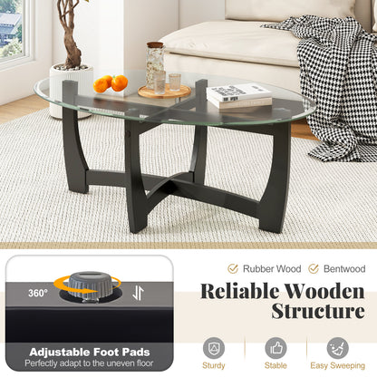 Elegant Oval Coffee Table with Tempered Glass Top and Durable Rubber Wood Legs