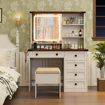 Farmhouse Style Makeup Vanity with 3-Color Lighted Mirror and Storage