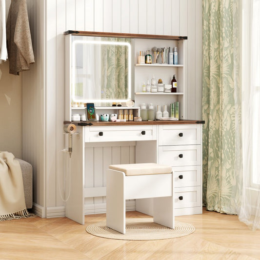 Farmhouse Style Makeup Vanity with 3-Color Lighted Mirror and Storage
