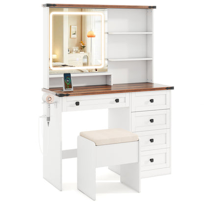 Farmhouse Style Makeup Vanity with 3-Color Lighted Mirror and Storage