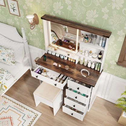 Farmhouse Style Makeup Vanity with 3-Color Lighted Mirror and Storage