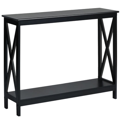 2 Tier Entryway Console Table with Open Shelves and X Frame in Black