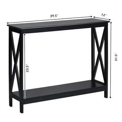 2 Tier Entryway Console Table with Open Shelves and X Frame in Black