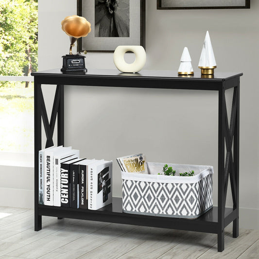 2 Tier Entryway Console Table with Open Shelves and X Frame in Black