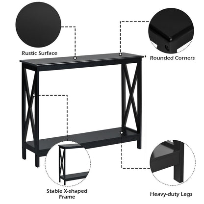 2 Tier Entryway Console Table with Open Shelves and X Frame in Black