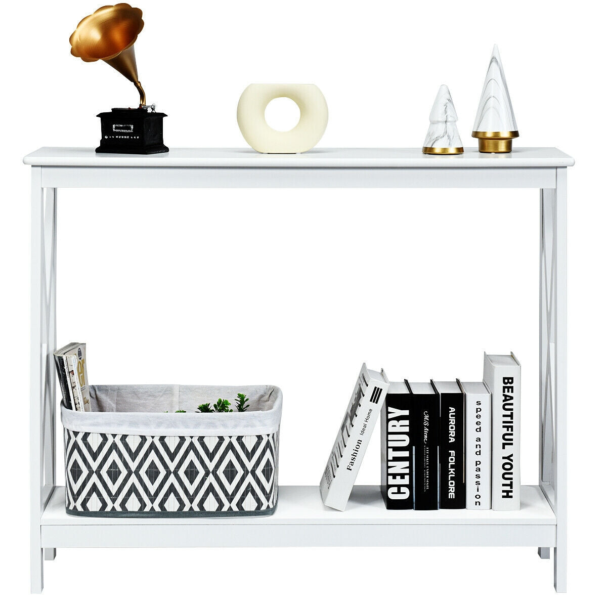 2 Tier Entryway Console Table with Open Shelves and X Frame in White