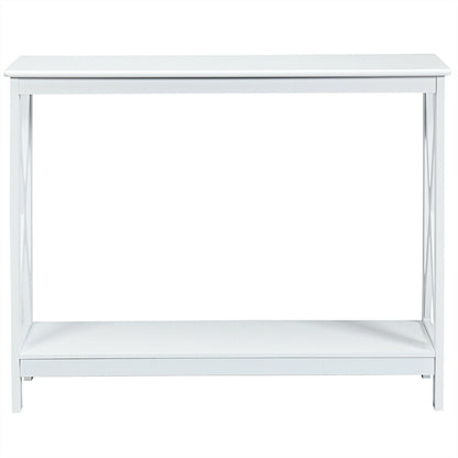 2 Tier Entryway Console Table with Open Shelves and X Frame in White