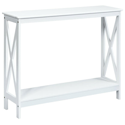 2 Tier Entryway Console Table with Open Shelves and X Frame in White