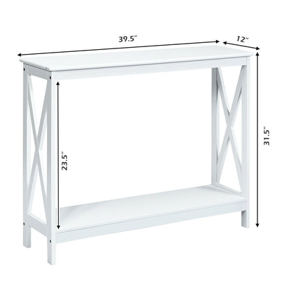 2 Tier Entryway Console Table with Open Shelves and X Frame in White