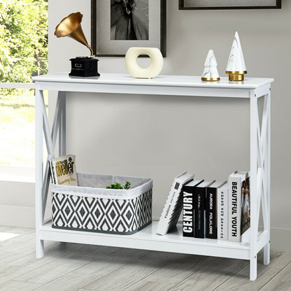 2 Tier Entryway Console Table with Open Shelves and X Frame in White