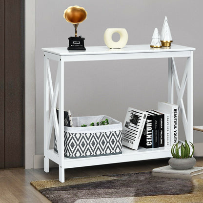 2 Tier Entryway Console Table with Open Shelves and X Frame in White
