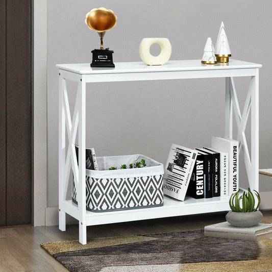 2 Tier Entryway Console Table with Open Shelves and X Frame in White