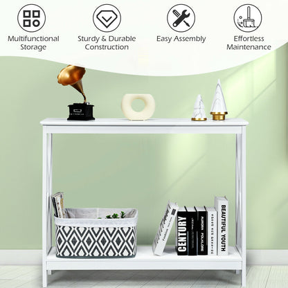 2 Tier Entryway Console Table with Open Shelves and X Frame in White
