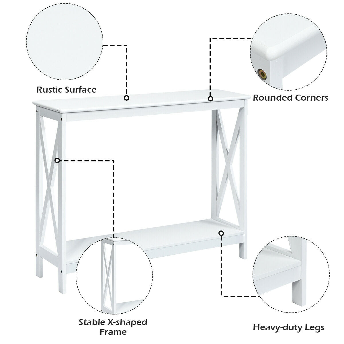 2 Tier Entryway Console Table with Open Shelves and X Frame in White