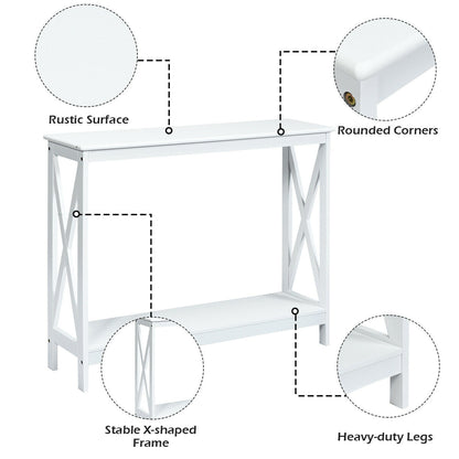 2 Tier Entryway Console Table with Open Shelves and X Frame in White