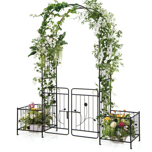 87 Inch Garden Arbor with Lockable Gate, Climbing Trellis, and Side Planters