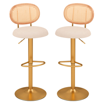 360° Swivel Velvet Bar Stools with Adjustable Height and PE Rattan Backrest – Set of 2