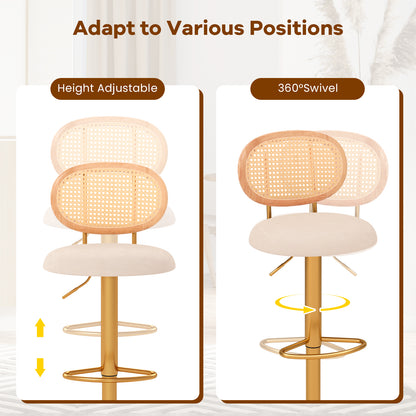 360° Swivel Velvet Bar Stools with Adjustable Height and PE Rattan Backrest – Set of 2