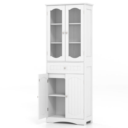 63 Inch Tall Storage Cabinet with Glass Doors, Adjustable Shelves, and Large Drawer