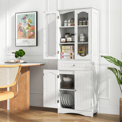 63 Inch Tall Storage Cabinet with Glass Doors, Adjustable Shelves, and Large Drawer
